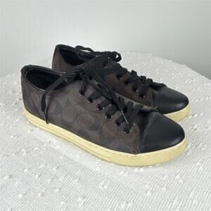 Coach Logo Women’s Sneakers Sz 8B Brown Black Leather Lace Up Old Money Casual